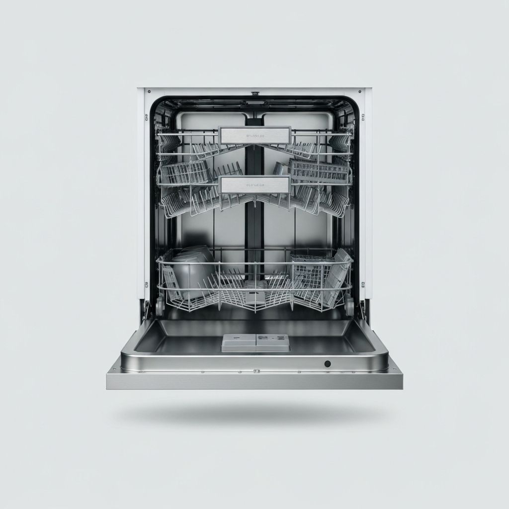 A built-in dishwasher with the door open showing clean dish racks